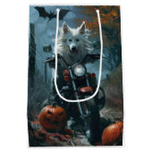 American Eskimo Riding Motorrad Halloween Beängsti Mittlere Geschenktüte (Rückseite)