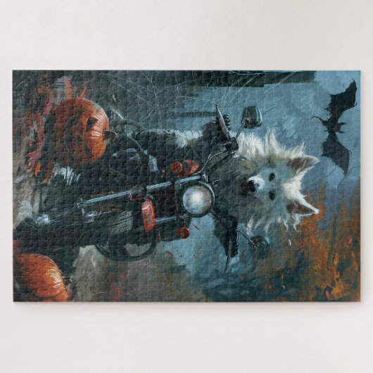 American Eskimo Riding Motorrad Halloween Beängsti Puzzle (Horizontal)