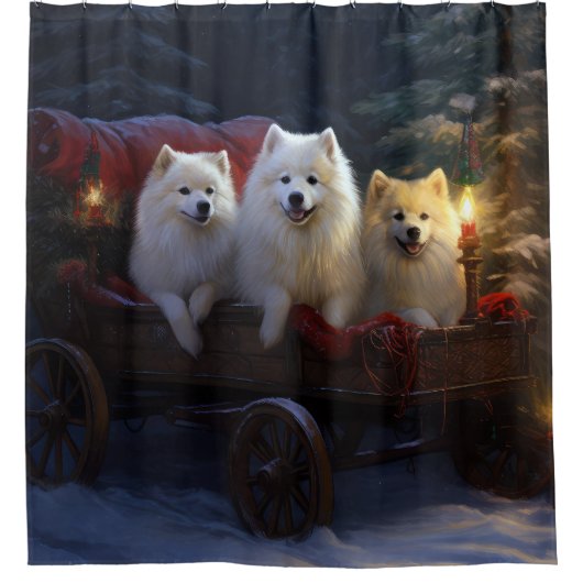 American Eskimo Snowy Sleigh Weihnachtsdekor Duschvorhang (Vorderseite)