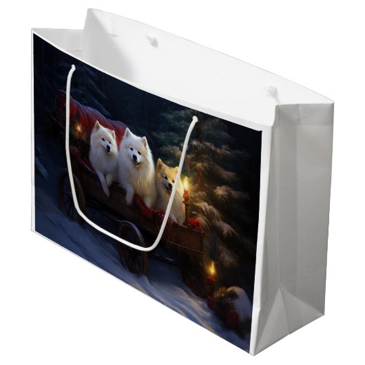 American Eskimo Snowy Sleigh Weihnachtsdekor Große Geschenktüte (Vorderseite Schrägansicht)