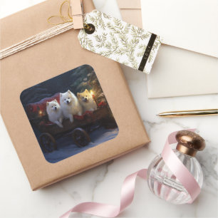 American Eskimo Snowy Sleigh Weihnachtsdekor Quadratischer Aufkleber