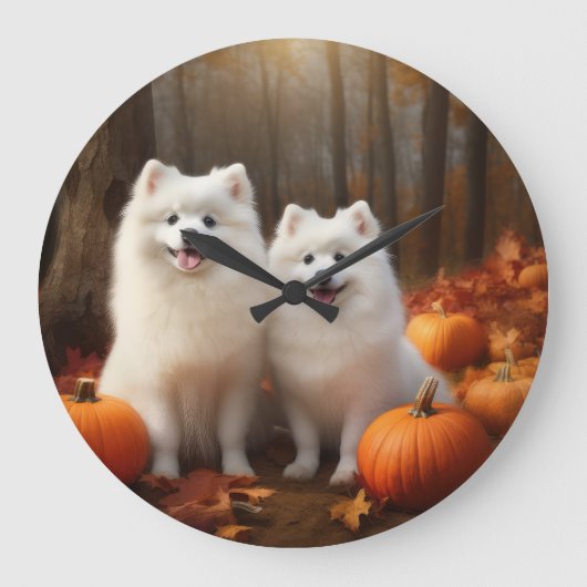 American Eskimo Welpe Autumn Delight Pumpkin Große Wanduhr (Vorderseite)