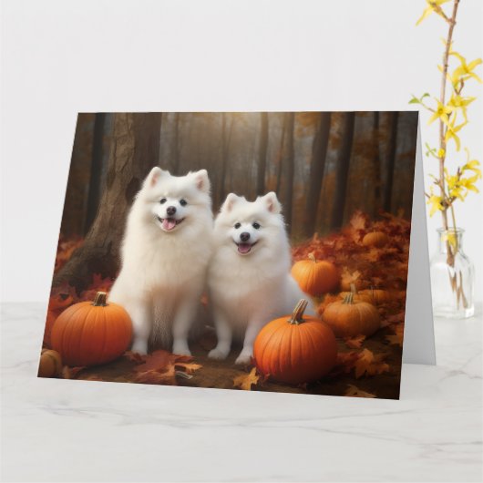 American Eskimo Welpe Autumn Delight Pumpkin Karte (Gelbe Blume)