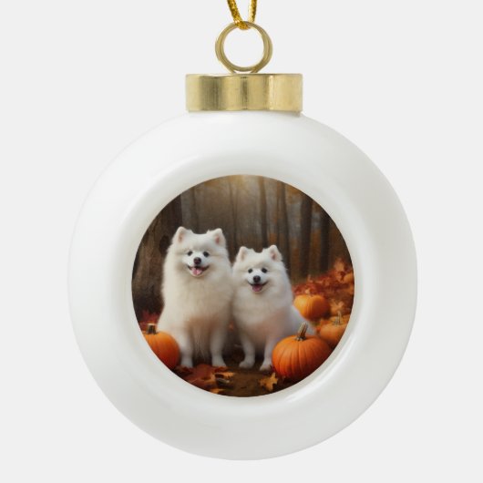 American Eskimo Welpe Autumn Delight Pumpkin Keramik Kugel-Ornament (Vorderseite)