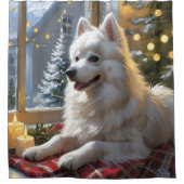 American Eskimo With Christmas Lights Holiday Duschvorhang (Vorderseite)