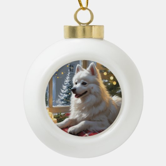American Eskimo With Christmas Lights Holiday Keramik Kugel-Ornament (Vorderseite)