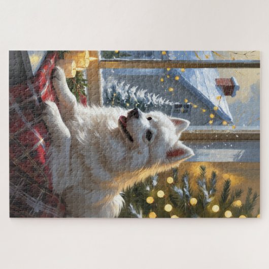 American Eskimo With Christmas Lights Holiday Puzzle (Horizontal)