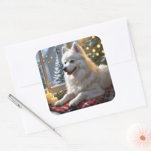 American Eskimo With Christmas Lights Holiday Quadratischer Aufkleber (Umschlag)