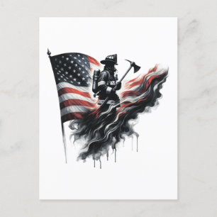 American firefighter.Flag of the United Staaten. Feiertagspostkarte