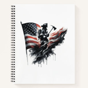 American firefighter.Flag of the United Staaten. Notizblock