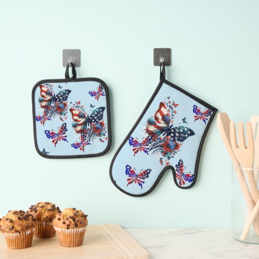 American Flag Butterfly Ofenhandschuh & Topflappen-Set (Insitu (Hängend))