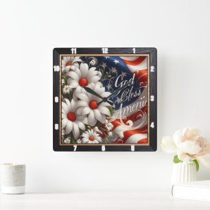 American Flag Daisies Patriotic Quadratische Wanduhr