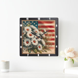 American Flag Daisies Patriotic Quadratische Wanduhr