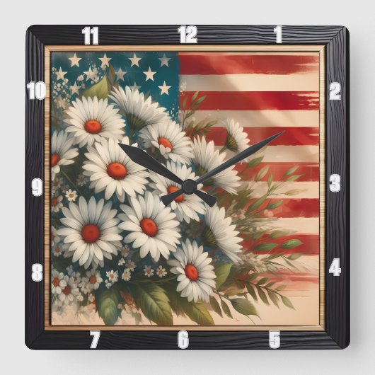 American Flag Daisies Patriotic Quadratische Wanduhr (Vorderseite)