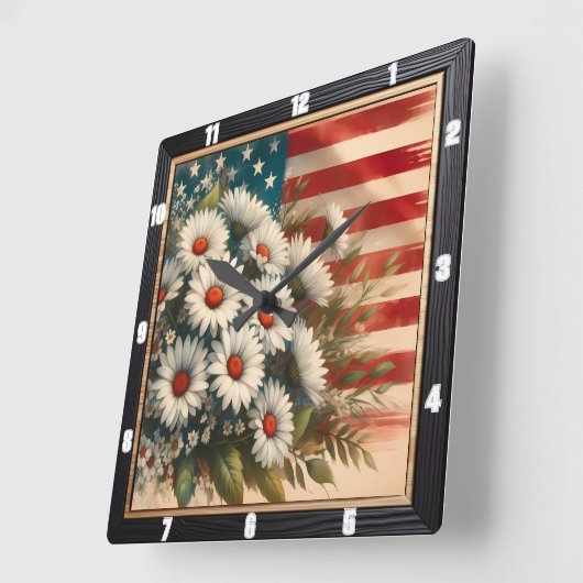 American Flag Daisies Patriotic Quadratische Wanduhr (Winkel)