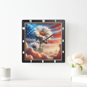 American Flag Daisies Patriotic Quadratische Wanduhr
