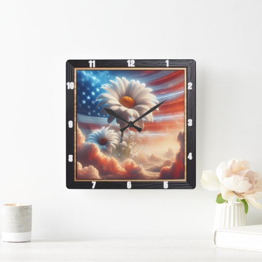 American Flag Daisies Patriotic Quadratische Wanduhr (Zuhause)