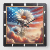 American Flag Daisies Patriotic Quadratische Wanduhr (Vorderseite)