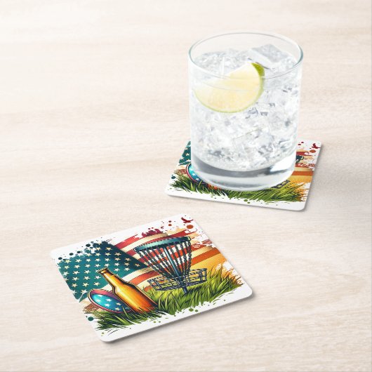 American Flag Disc Golf and Biere Rechteckiger Pappuntersetzer (Vor Ort)