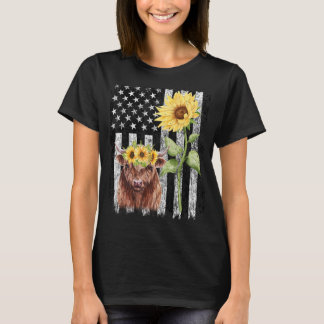 American Flag Flag Kuh Sonnenblumen Farm Highland T-Shirt
