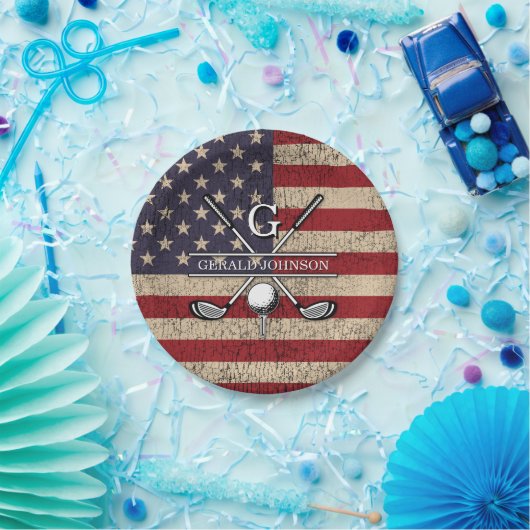 American Flag Golf Monogram Design Pappteller (Party)