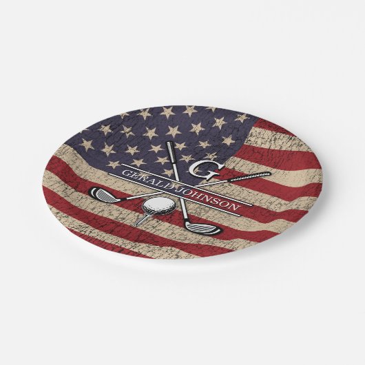 American Flag Golf Monogram Design Pappteller (Schrägansicht)