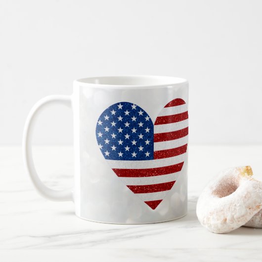 American Flag Heart 4. Juli Glitzer Kaffeetasse (Mit Donut)
