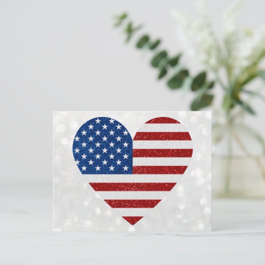 American Flag Heart 4. Juli Glitzer Postkarte (Stehend Vorderseite)