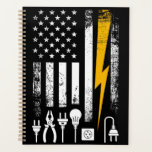 American Flag Lineman Electrician Utility Worker Planer<br><div class="desc">Whether they’re climbing poles in a storm or maintaining the grid, an electrician’s job is never done. This distressed, patriotic design on a Planner celebrates the skill and bravery of powerline workers. Featuring a retro aesthetic with a focus on the tools of the trade and the Stars and Stripes, this...</div>