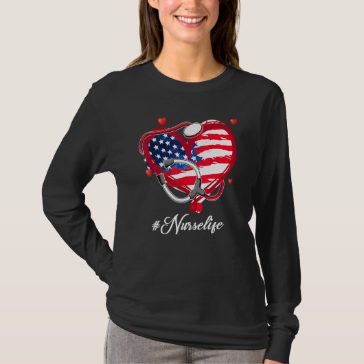 American Flag Nurlife Heart Stethoscope - Flag T-Shirt (Vorderseite)