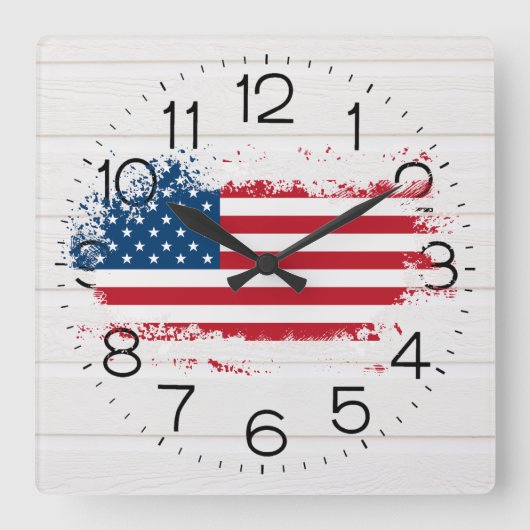 American Flag on White Wood Square Wall Clock Quadratische Wanduhr (Vorderseite)