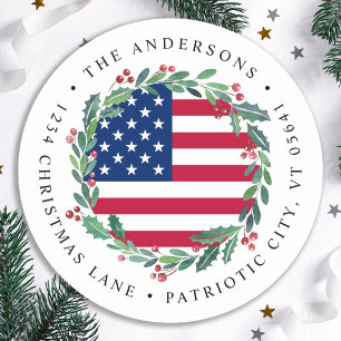 American Flag Patriotic Christmas Rücksendeadresse Runder Aufkleber