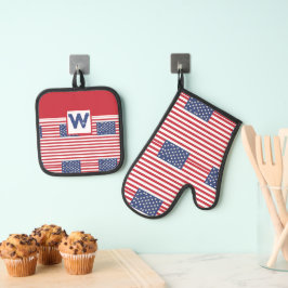 American Flag Pattern 4. Juli Personalisiert Ofenhandschuh & Topflappen-Set
