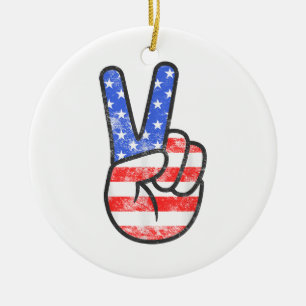 American Flag Peace Sign Hand T - Shirt Vierte Ju Keramik Ornament