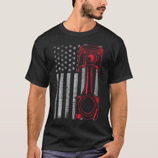American Flag Piston Funny Muscle Car Mechanic T-Shirt (Vorderseite)
