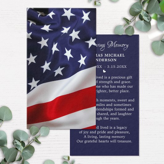 American Flag Simple Funerty Memorial Prayer Card Telefonnummerkarte