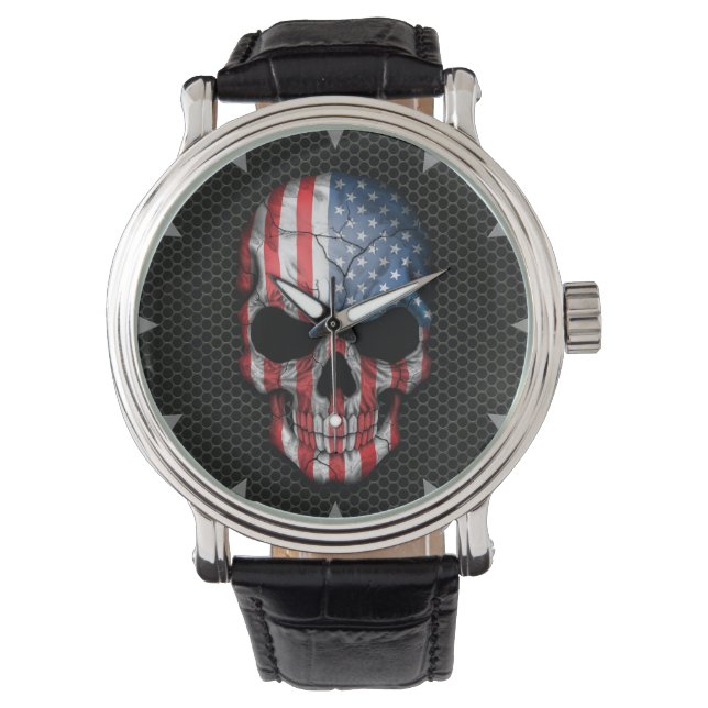 American Flag Skull on Steel Mesh Graphic Armbanduhr (Vorderseite)