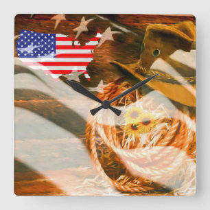 American Flag Sunray Cowboy Hat Lasso Quadratische Wanduhr