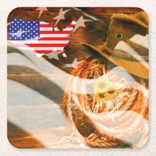 American Flag Sunray Cowboy Hat Lasso Rechteckiger Pappuntersetzer