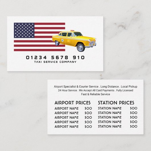 American Flag Taxi Cab, Preisliste Visitenkarte (Vorne/Hinten)
