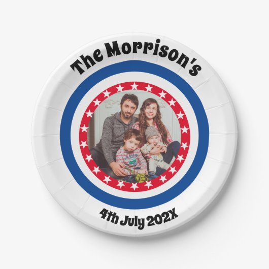 American Flag Theme Family Foto Name Red and Blue Pappteller (Vorderseite)