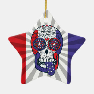 American Flag USA Colors Patriotic Sugar Skull Keramikornament