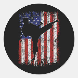 American Flag Usa High Kick Karate Silhouette Part Runder Aufkleber