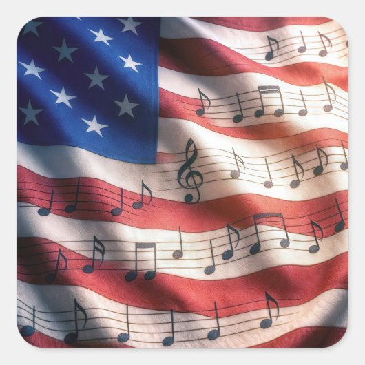 American Flag With Musical Notes Quadratischer Aufkleber (Vorderseite)