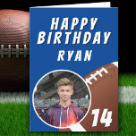 American Football Ball Photo Happy Birthday Dankeskarte<br><div class="desc">American Football Ball Happy Birthday Photo Card. Birthday card with a photo in oval frame,  custom name and age on a blue background. The design has a big football.</div>