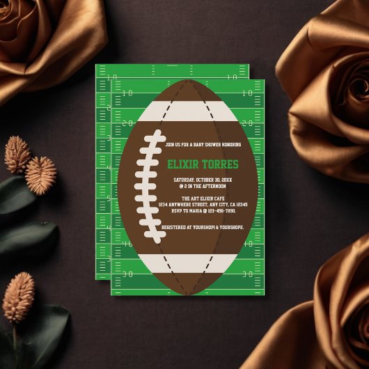 American Football Brown & Green Color Baby Dusche Einladung