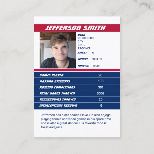 American Football Team Trading Card Red White Blue Telefonnummerkarte (Rückseite)