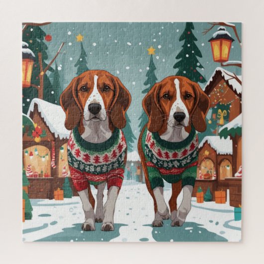 American Foxhound Dogs Christmas Snow Holiday Puzzle (Vertikal)