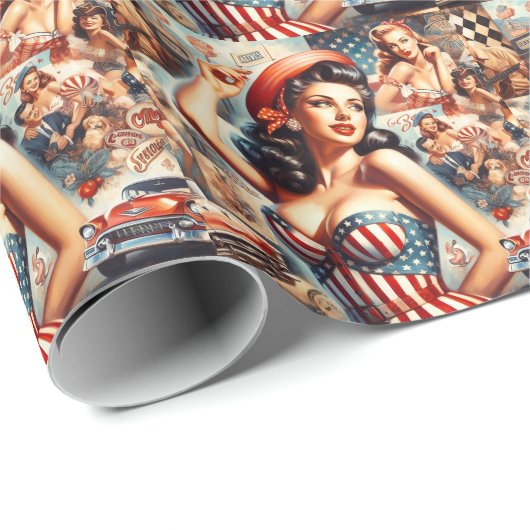 American Girl Button-Up Collage Geschenkpapier (Rolleneckpunkt)