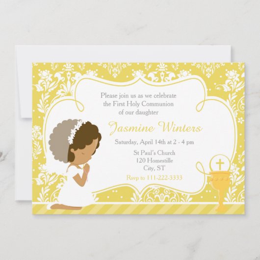 American Girl First Commune Gold Damask Einladung (Vorderseite)